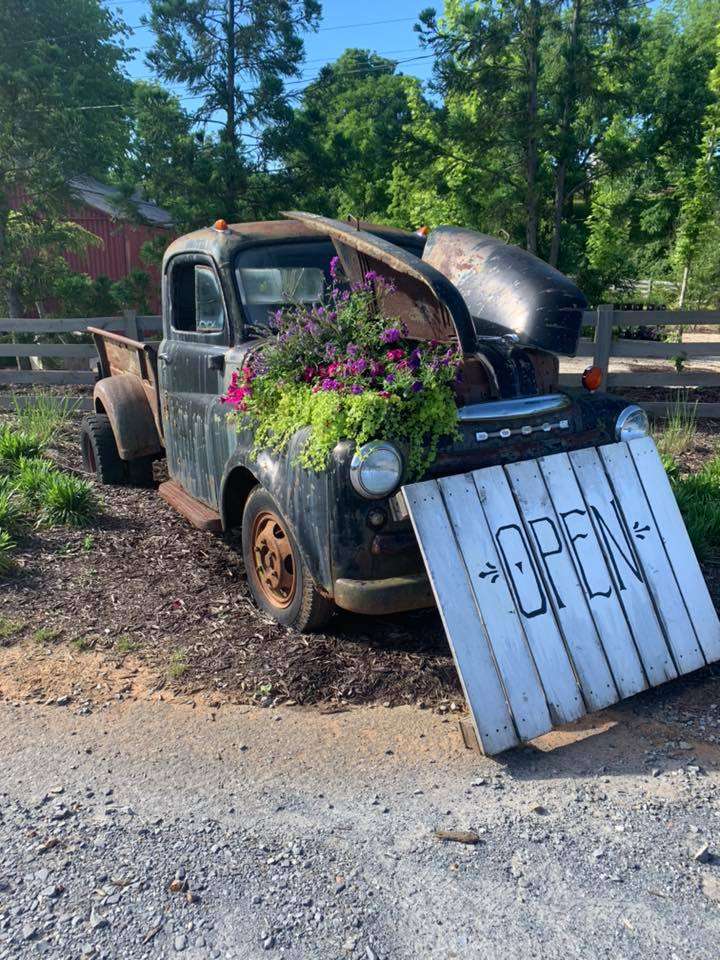 open sign in front of the vintage Dodge pickup planter full of plants and flowers