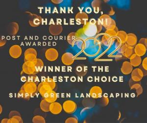 Graphic with text stating that Simply Green Landscaping is the Winner of the 2022 Charleston's Choice Award